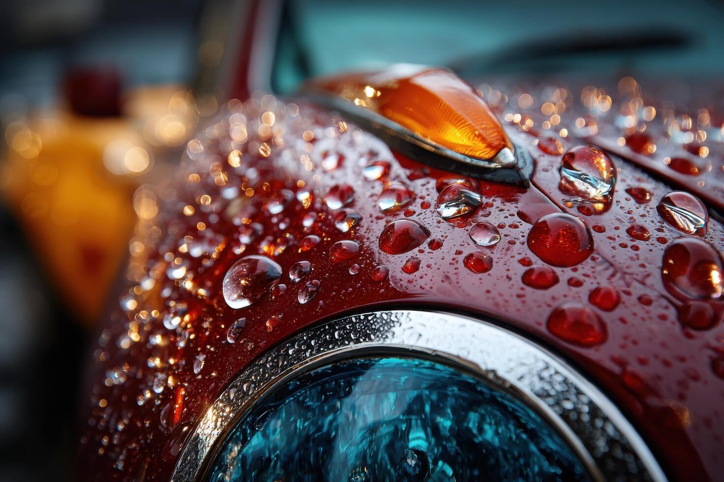 A close up of a red car with water droplets on it photo