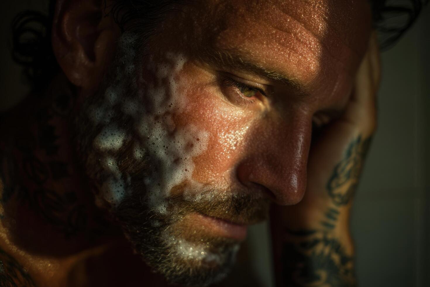 A man with tattoos and a beard is in the shower photo