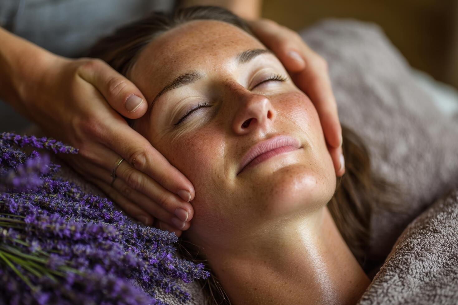 A woman getting a facial massage with lavender flowers photo