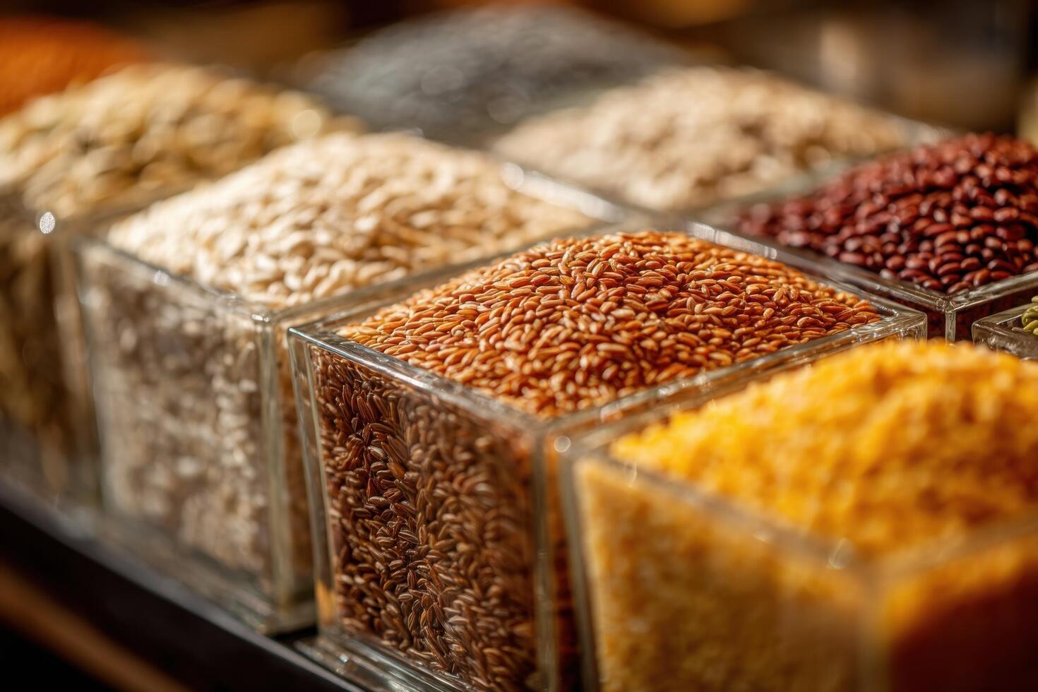 Various types of grains are displayed in glass containers photo