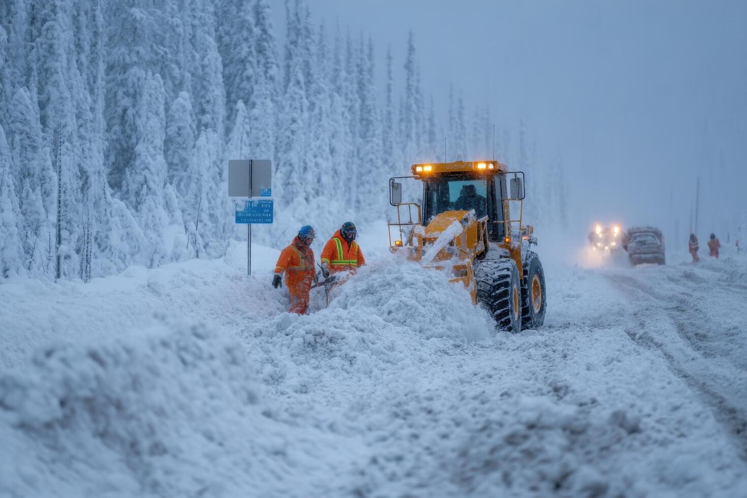 A snow plow is clearing the road in front of a snow covered tree photo
