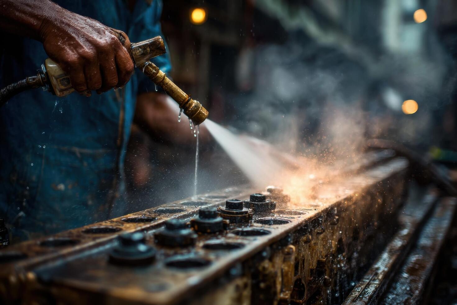 A man is spraying water onto a metal machine photo