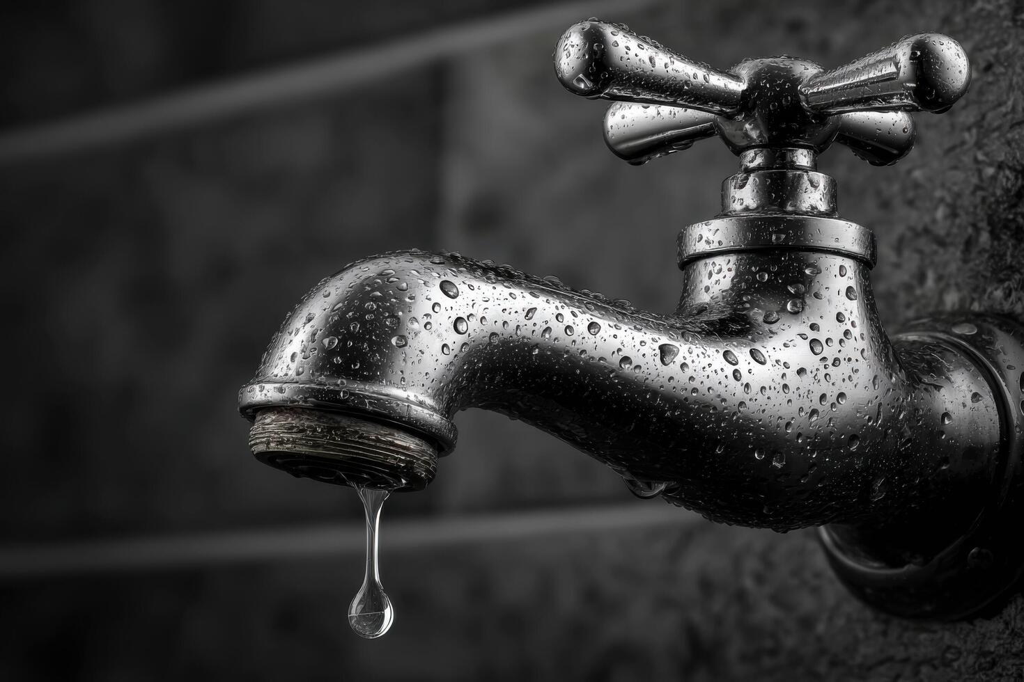 A black and white photo of a water dripping faucet