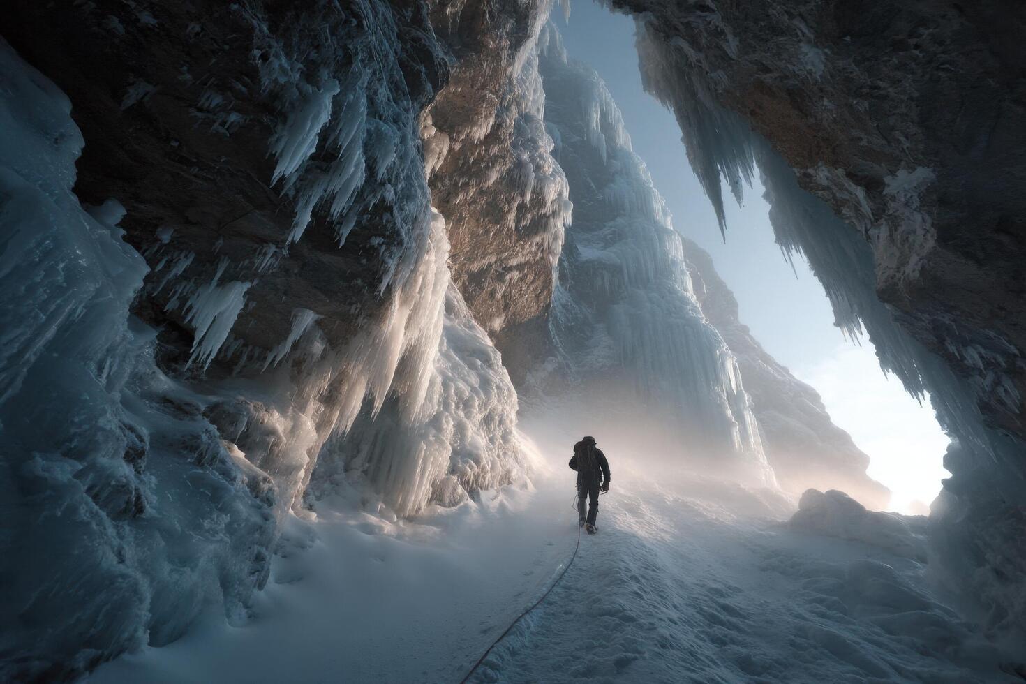 A man is walking through an ice cave photo