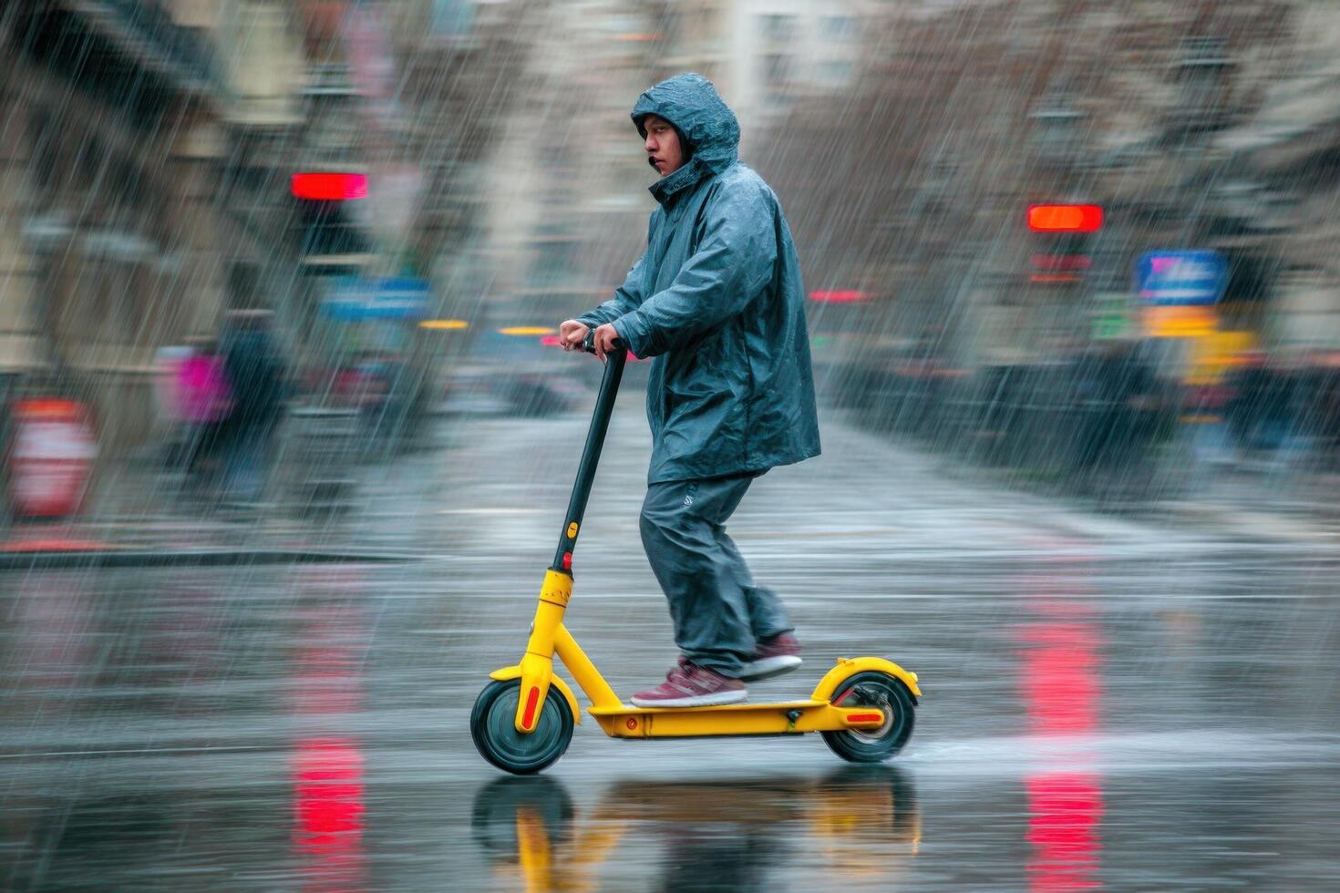 A man riding a scooter in the rain photo