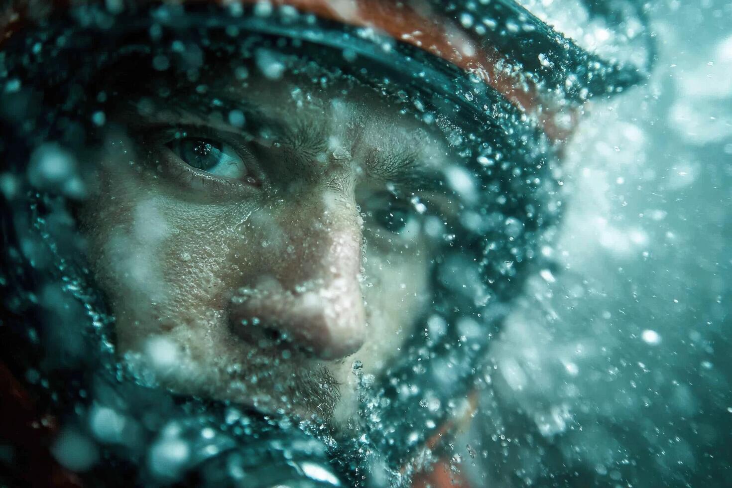 A man in a helmet and goggles looks out into the water photo