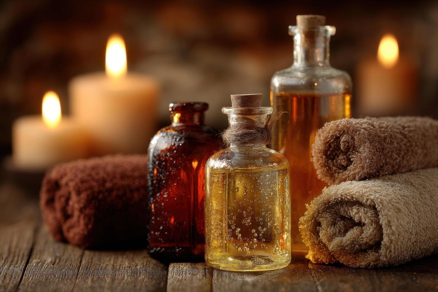 Candles, towels and bottles of oil on a wooden table photo