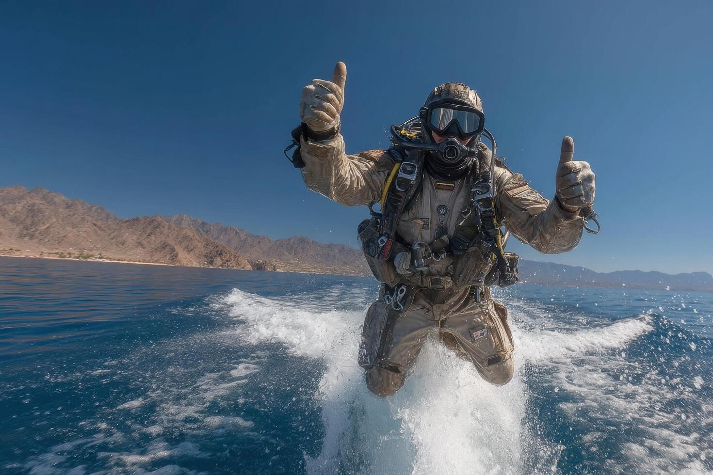 A man in a diving suit is on a boat in the ocean photo