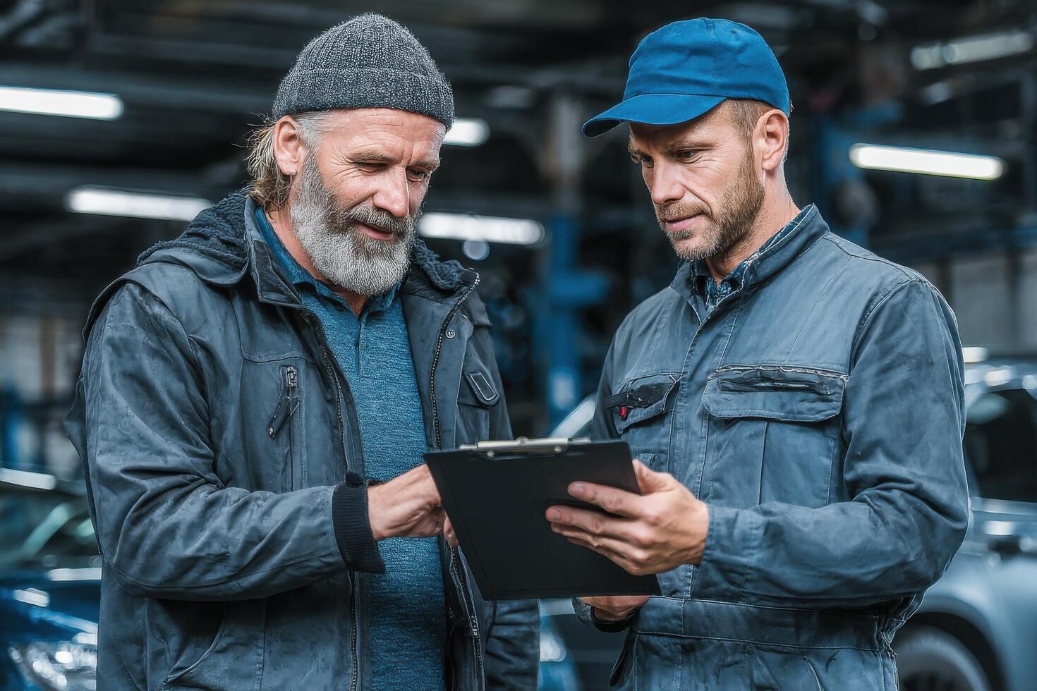 Two men in a car garage looking at a tablet photo