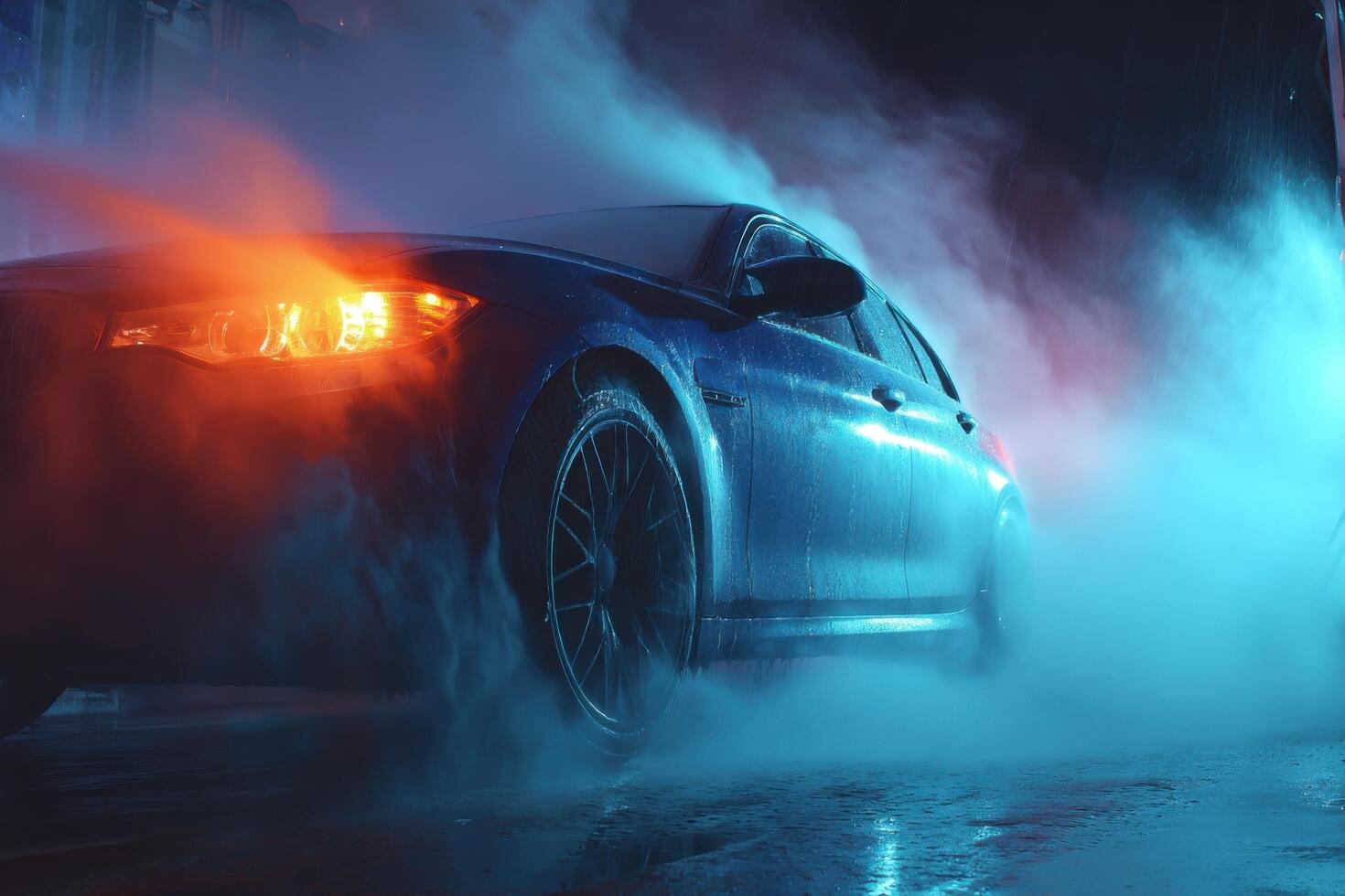 A car is being sprayed with water at night photo