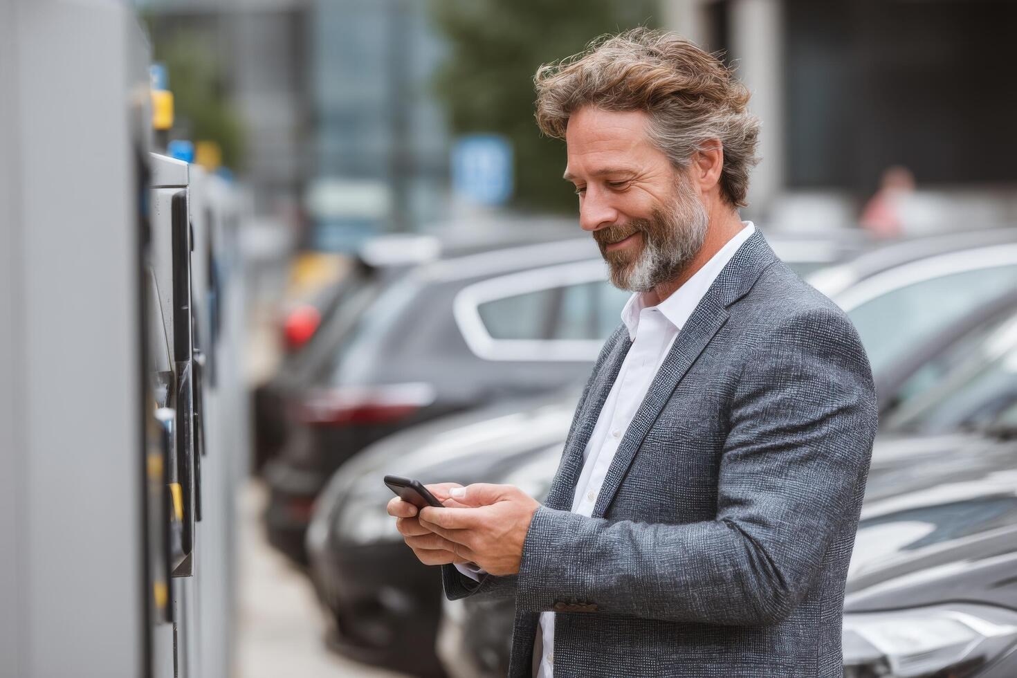 A man in a suit is looking at his phone while standing in front of parked cars photo