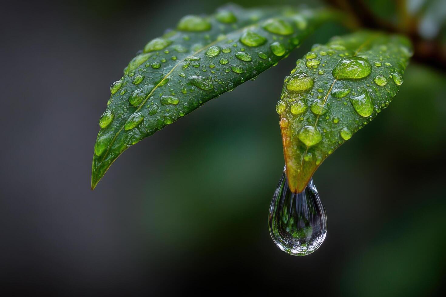 A drop of water is hanging from a leaf photo
