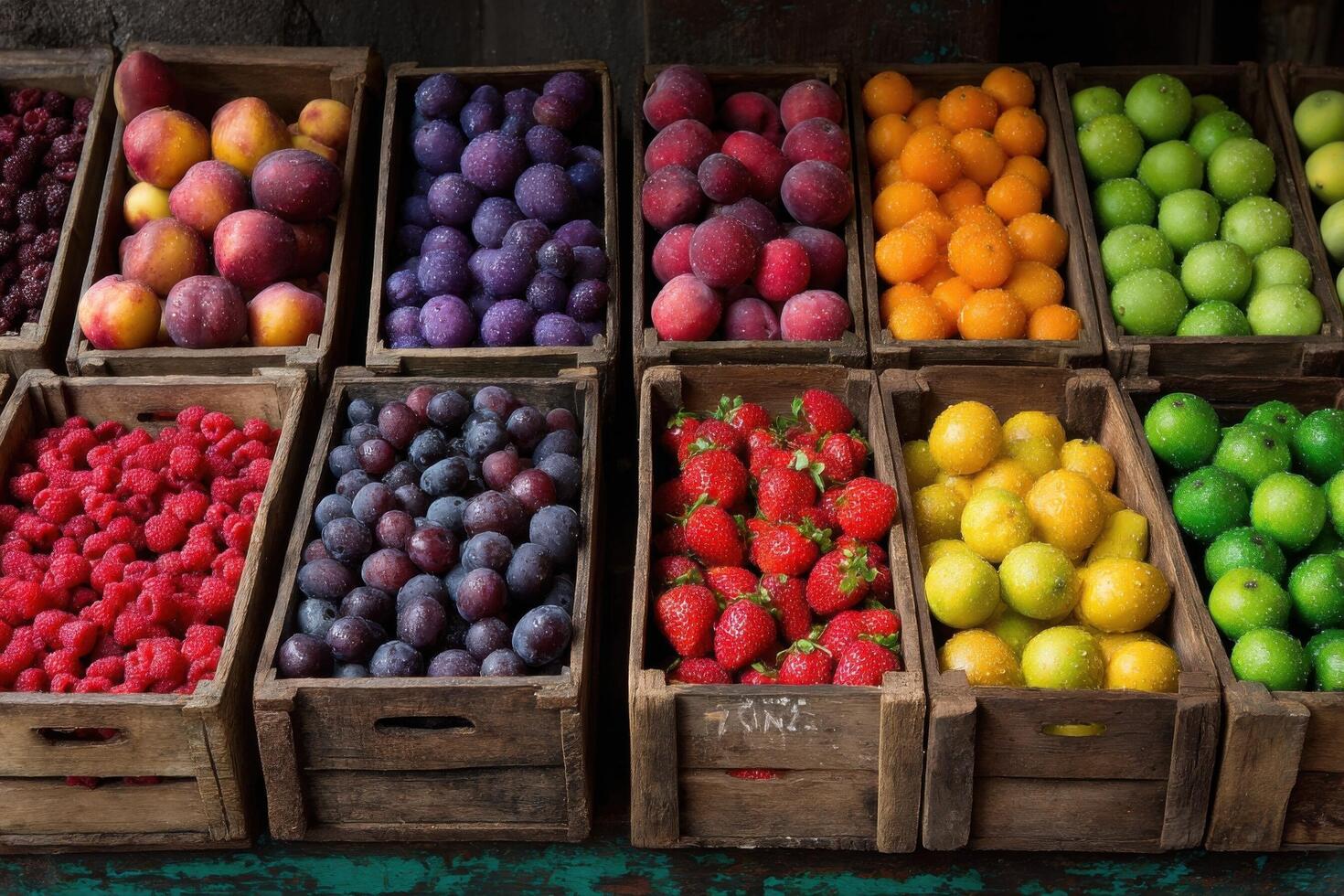 A display of fruit in wooden crates photo