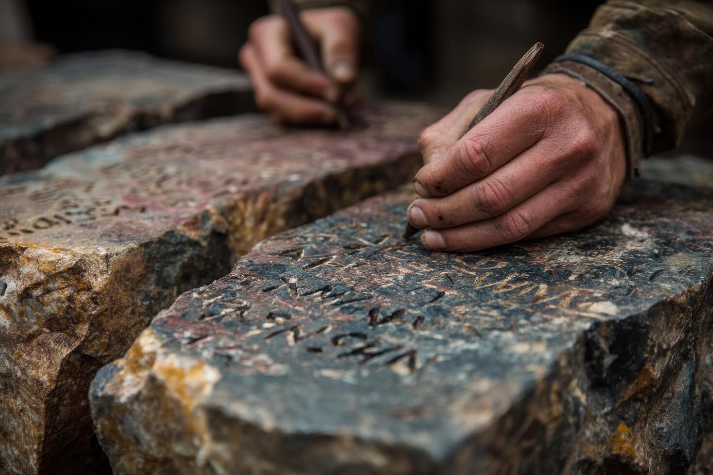 A soldier writing on a rock with a pen photo