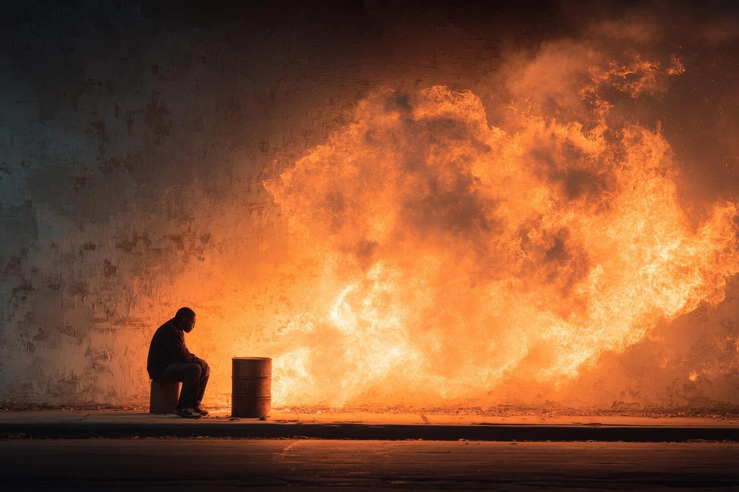 A man sitting on a bench in front of a fire photo