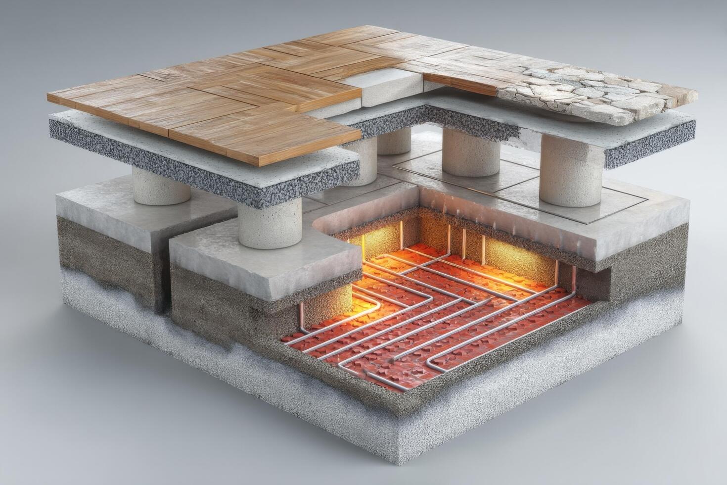 A 3d rendering of a concrete floor with a heating system photo