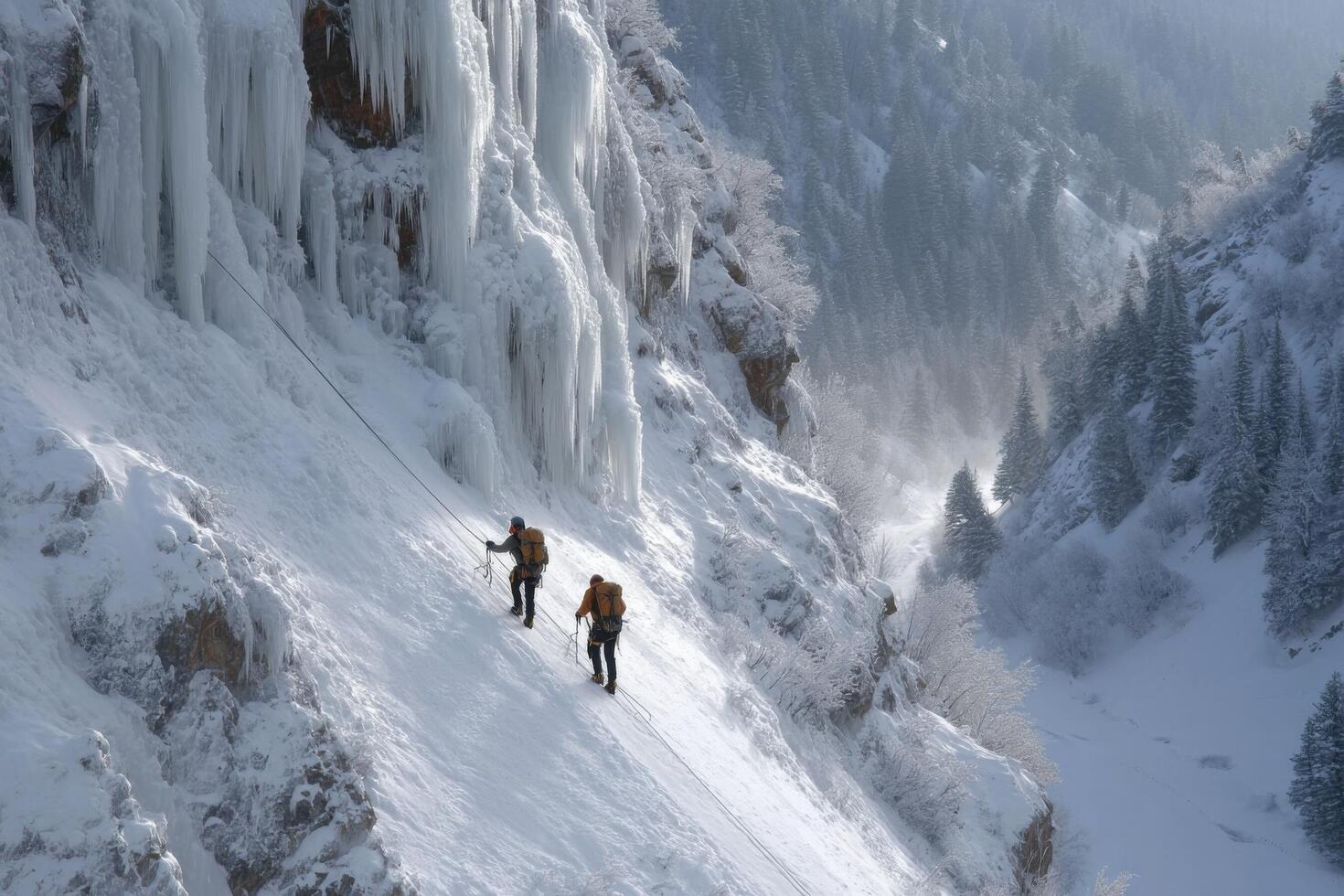 Two people walking up a snowy mountain with ice formations photo