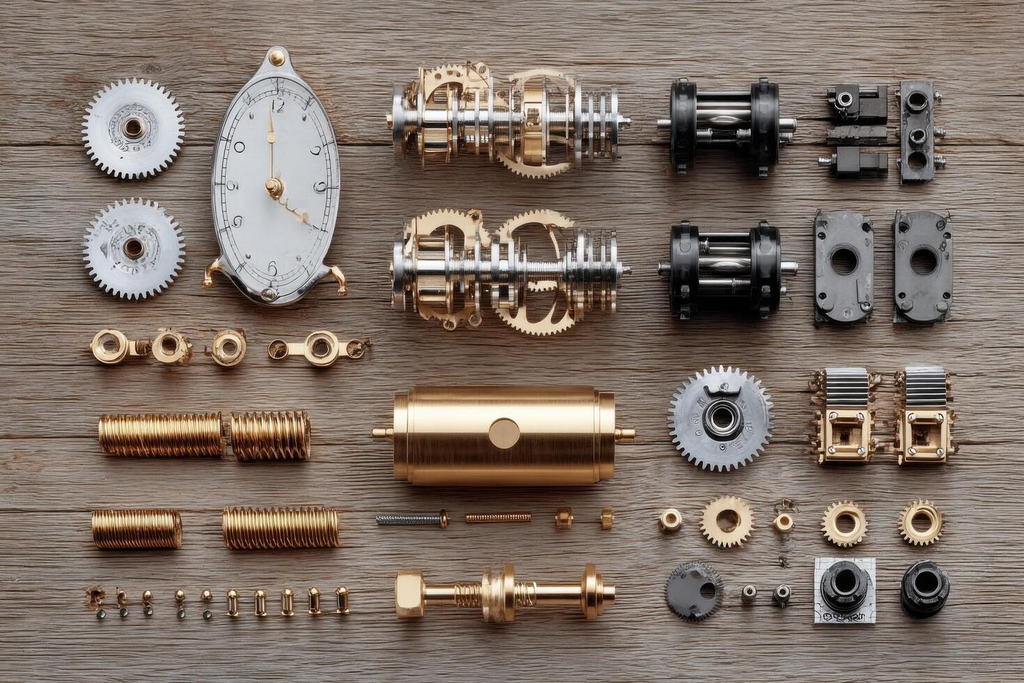 A collection of mechanical parts arranged on a wooden surface photo
