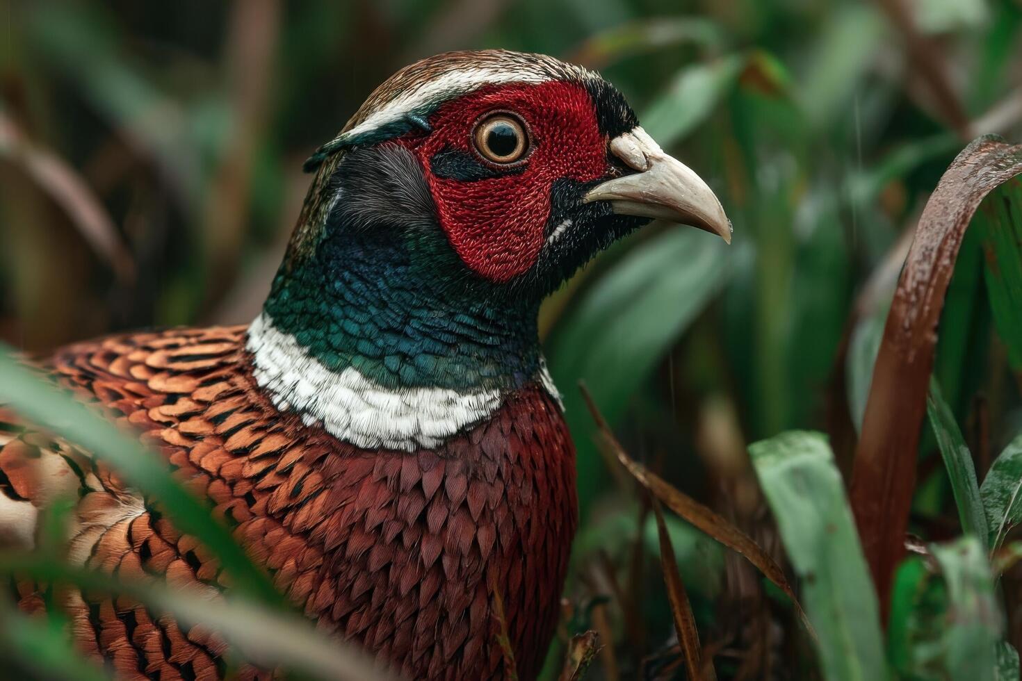 A close up of a pheasant in the grass photo