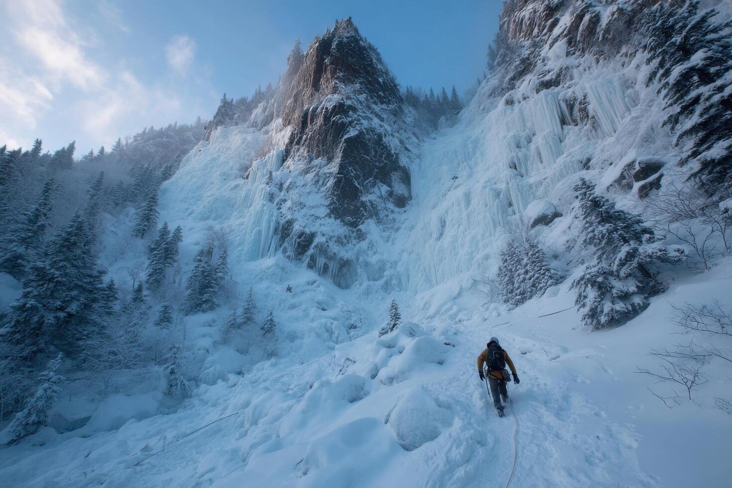 A man is walking up a snowy mountain with a large waterfall photo