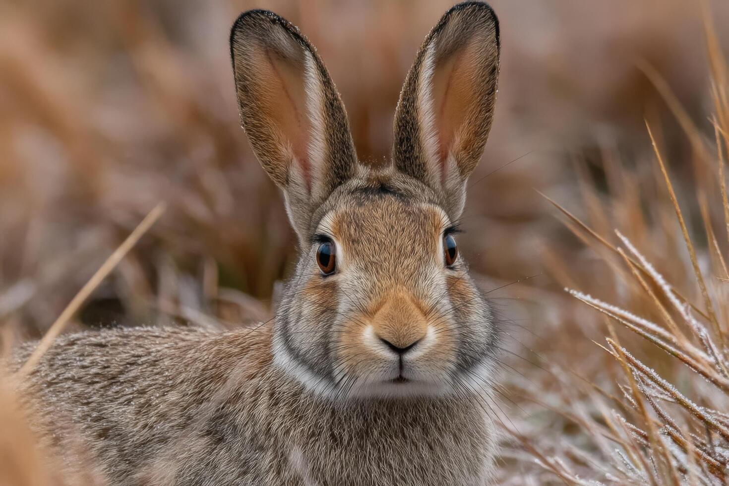 A rabbit is sitting in the grass with snow on it photo