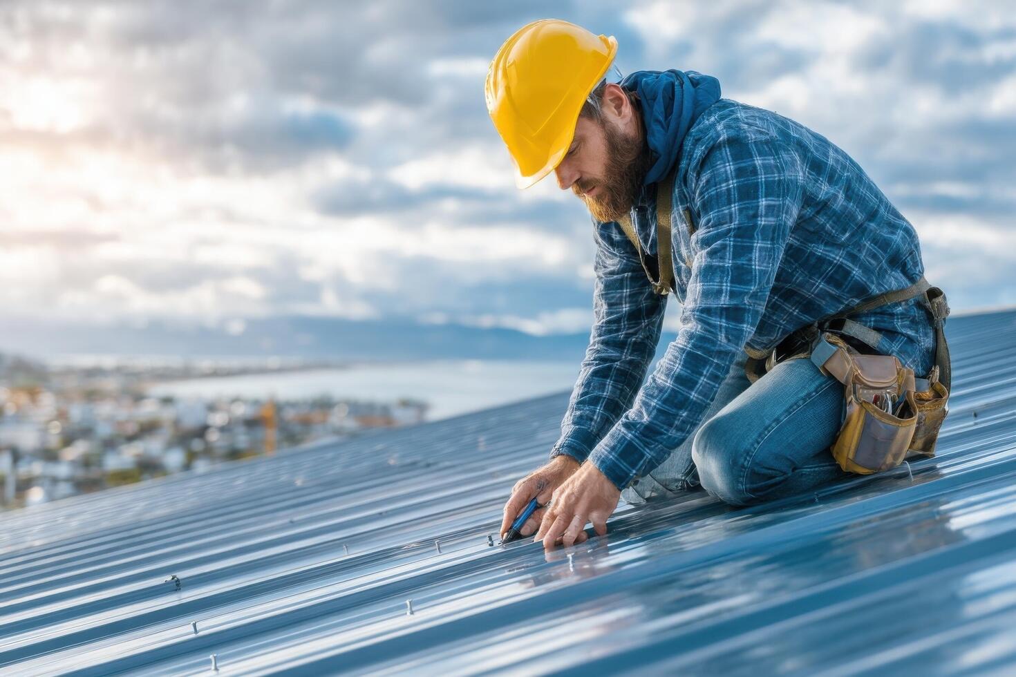 A man in hard hat and safety vest working on a roof photo