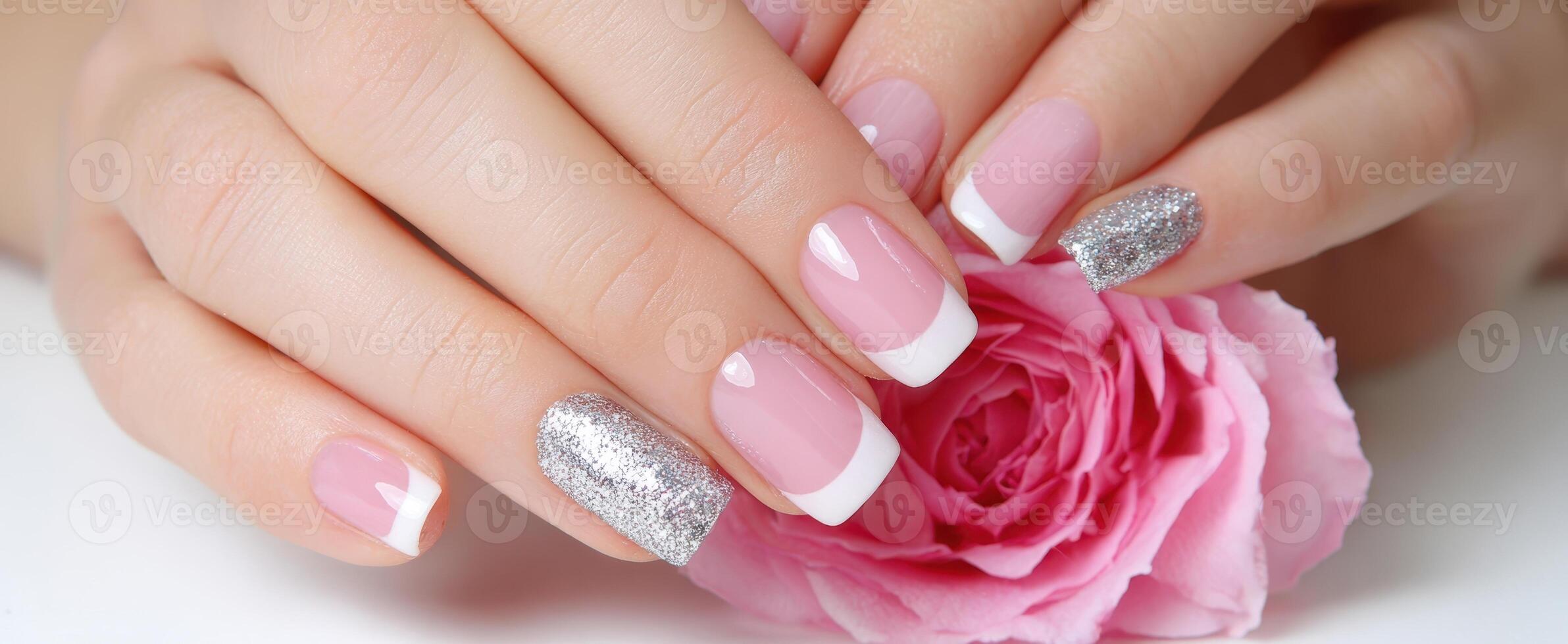 The Elegant Manicure Showcasing Pink Nails with Glitter Accents and a Rose. photo