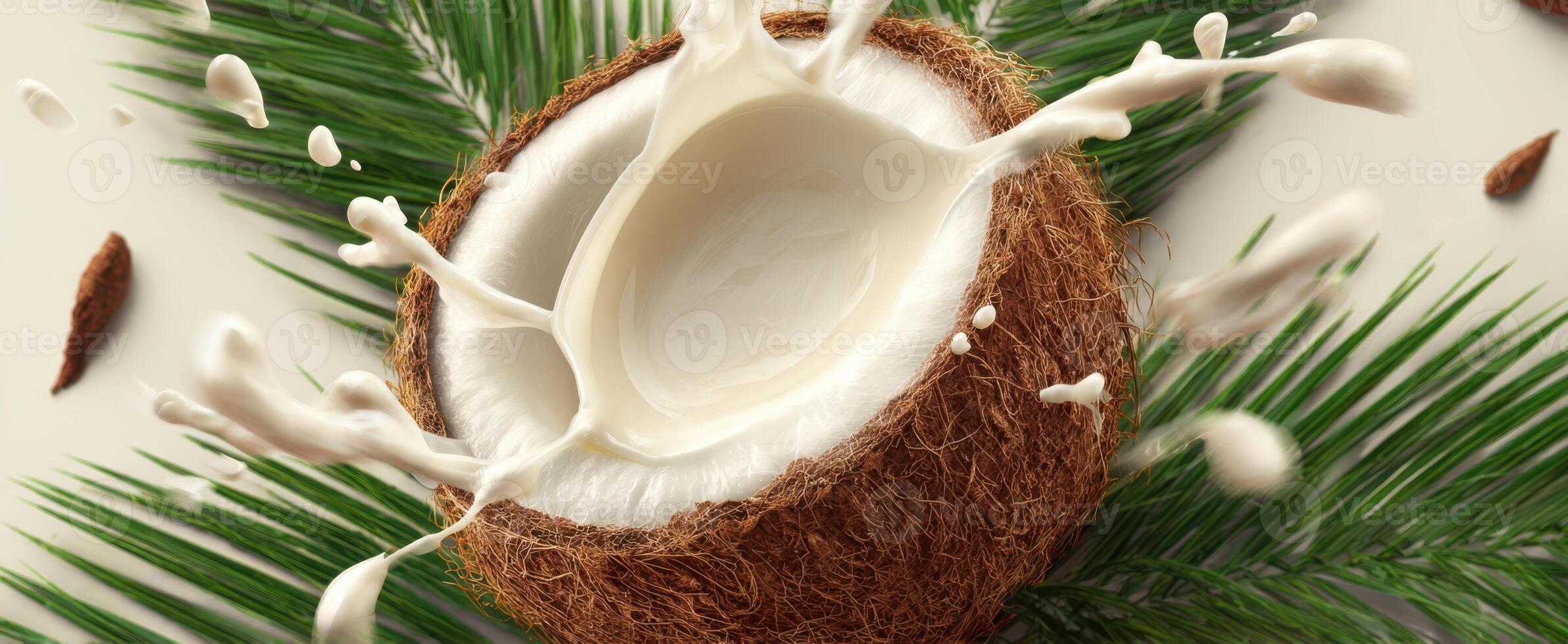 The coconut with creamy milk splashing from its shell on fresh leaves. photo