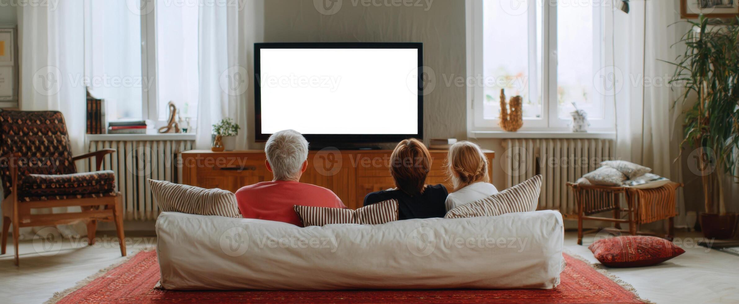The family enjoying quality time together while watching television at home. photo