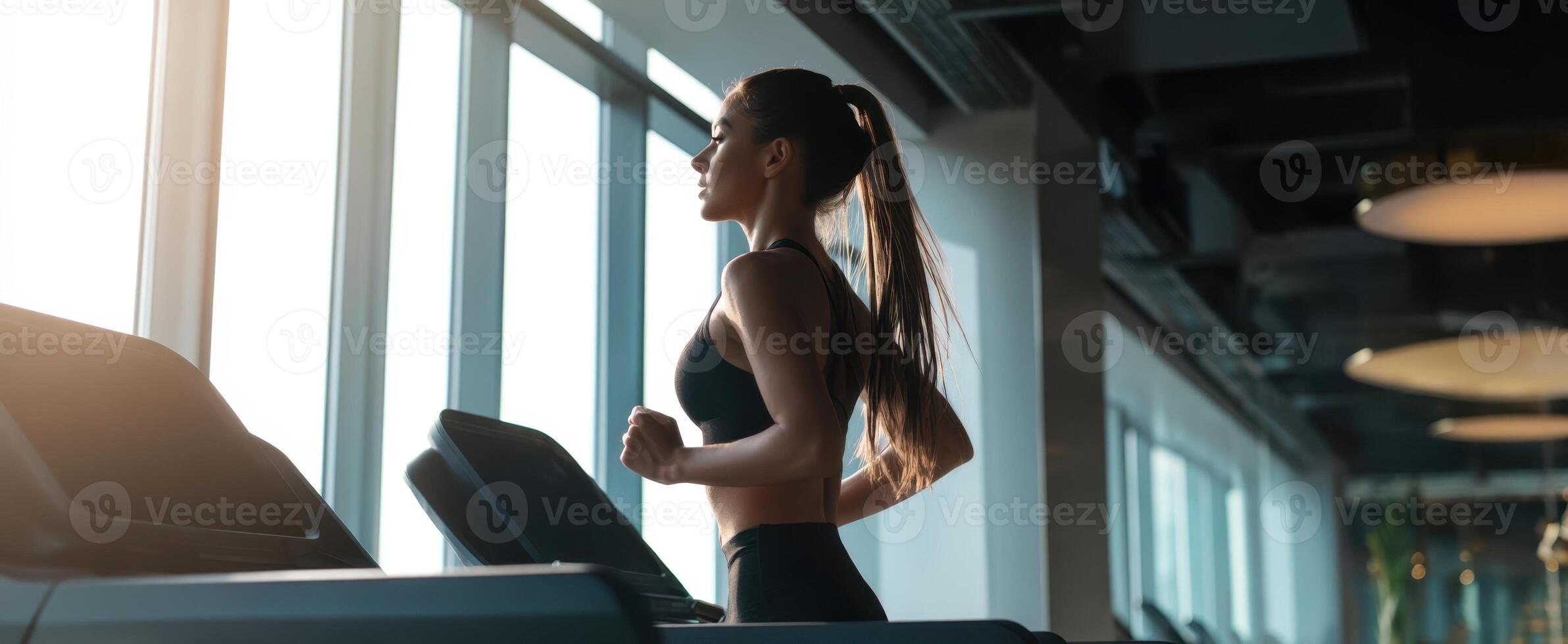 The woman jogging on a treadmill in a well-lit gym environment. photo
