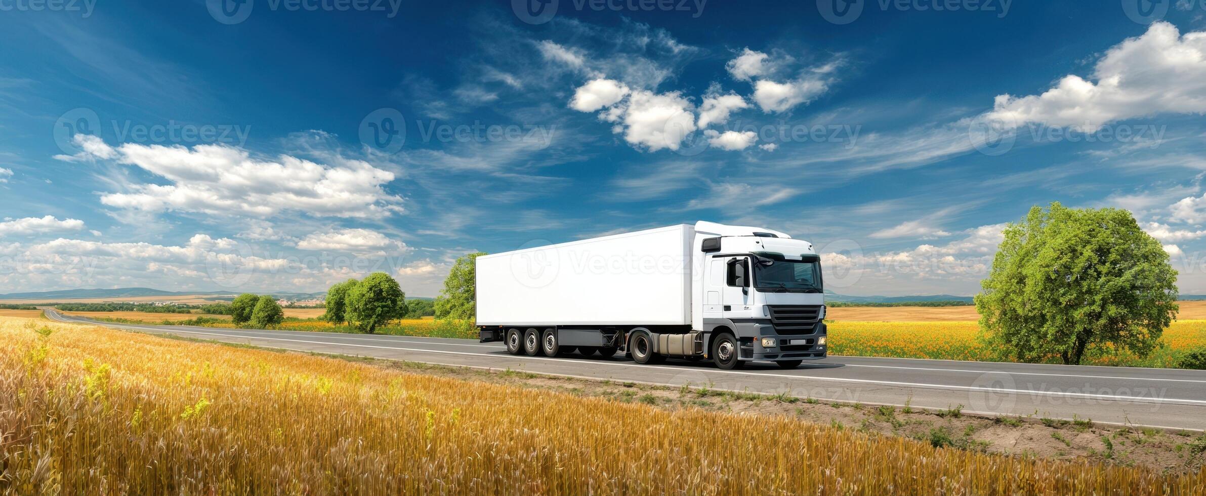 The large white truck driving through a picturesque countryside landscape photo