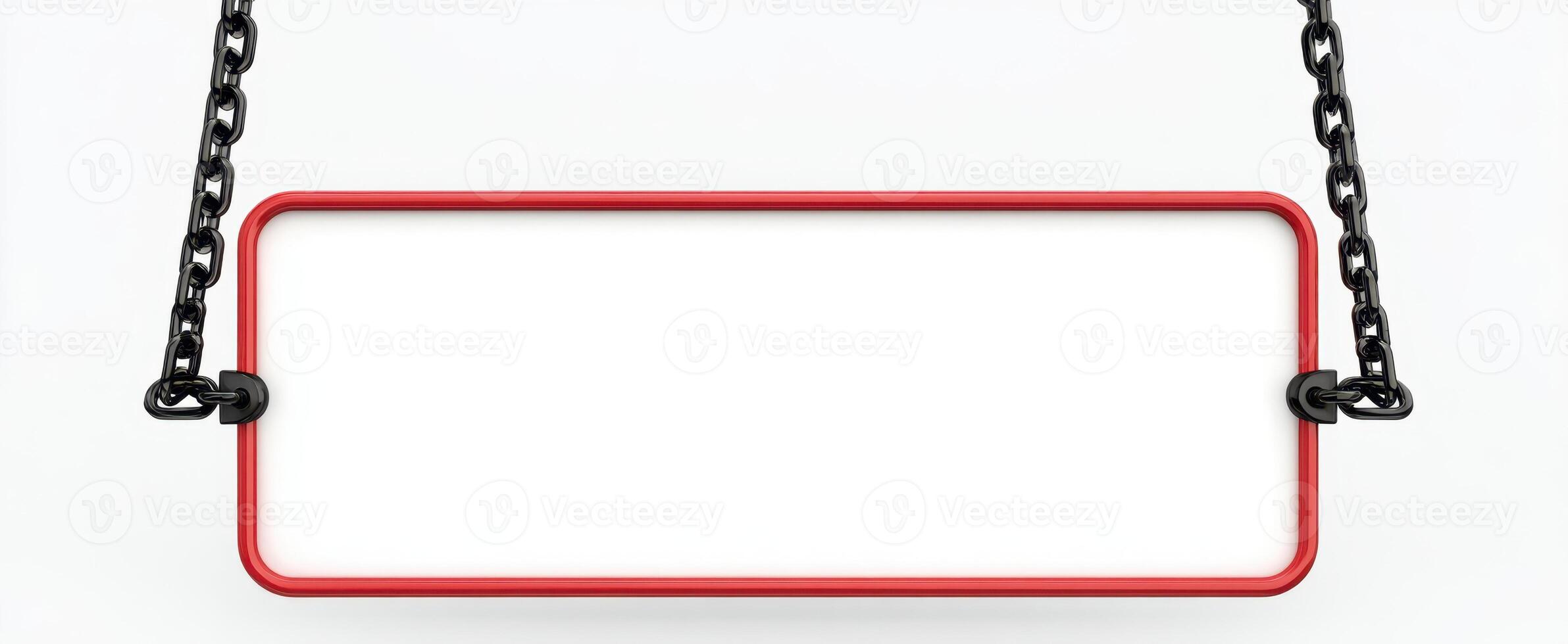 The blank red sign hanging by chains ready for customization. photo