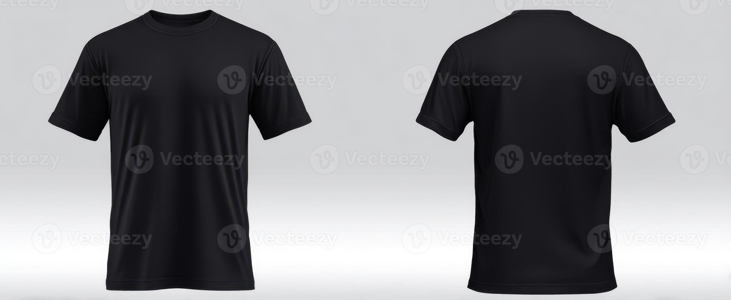 The black t-shirt displayed from the front and back views in a studio setting. photo