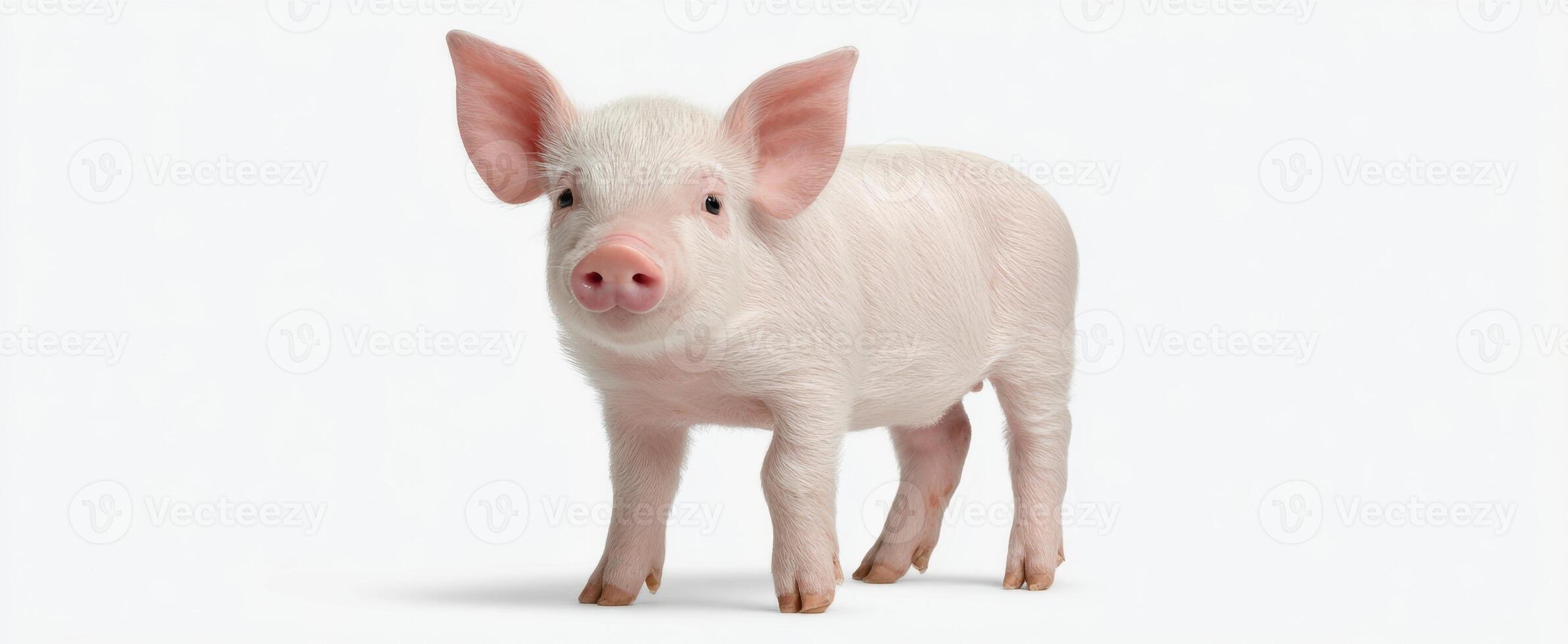 The playful pink pig standing charmingly against a clean white background. photo