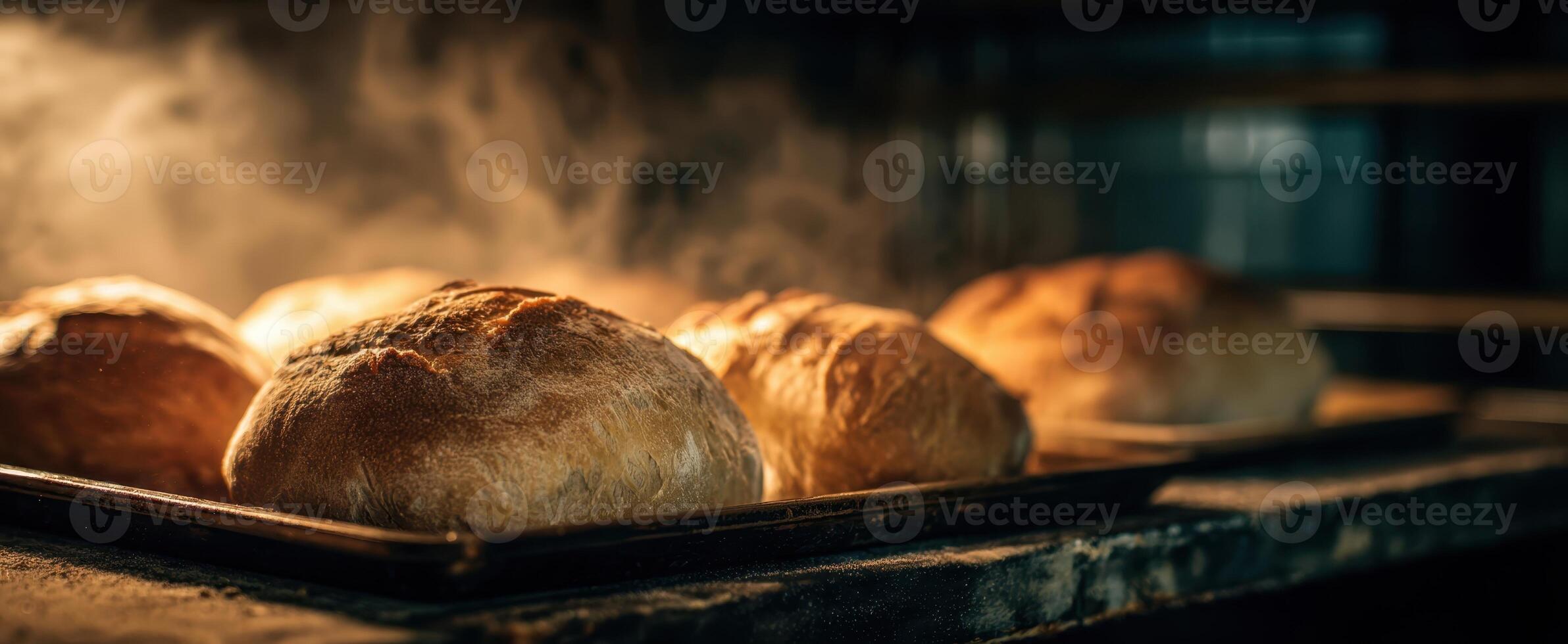 The fresh bread loaves baking with steam in a cozy oven atmosphere. photo