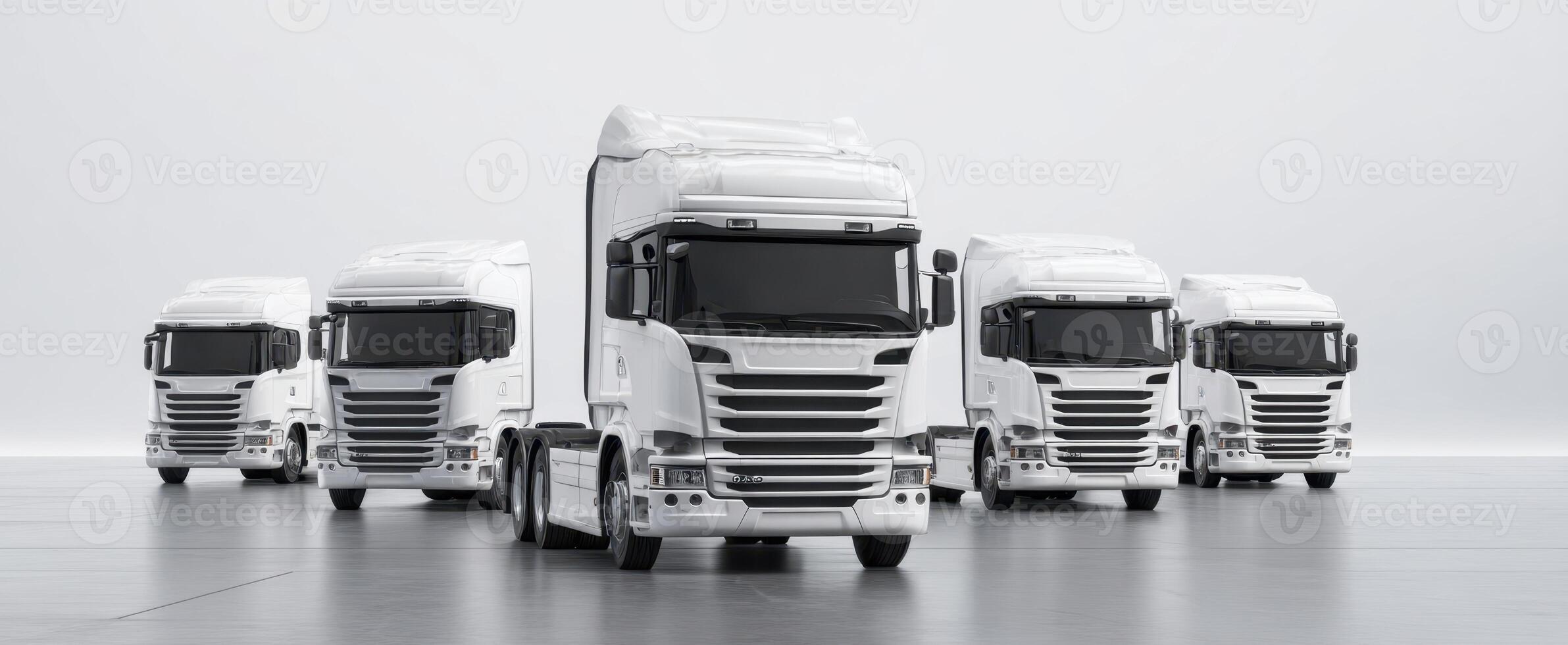 The fleet of modern white trucks lined up in a minimalist setting. photo