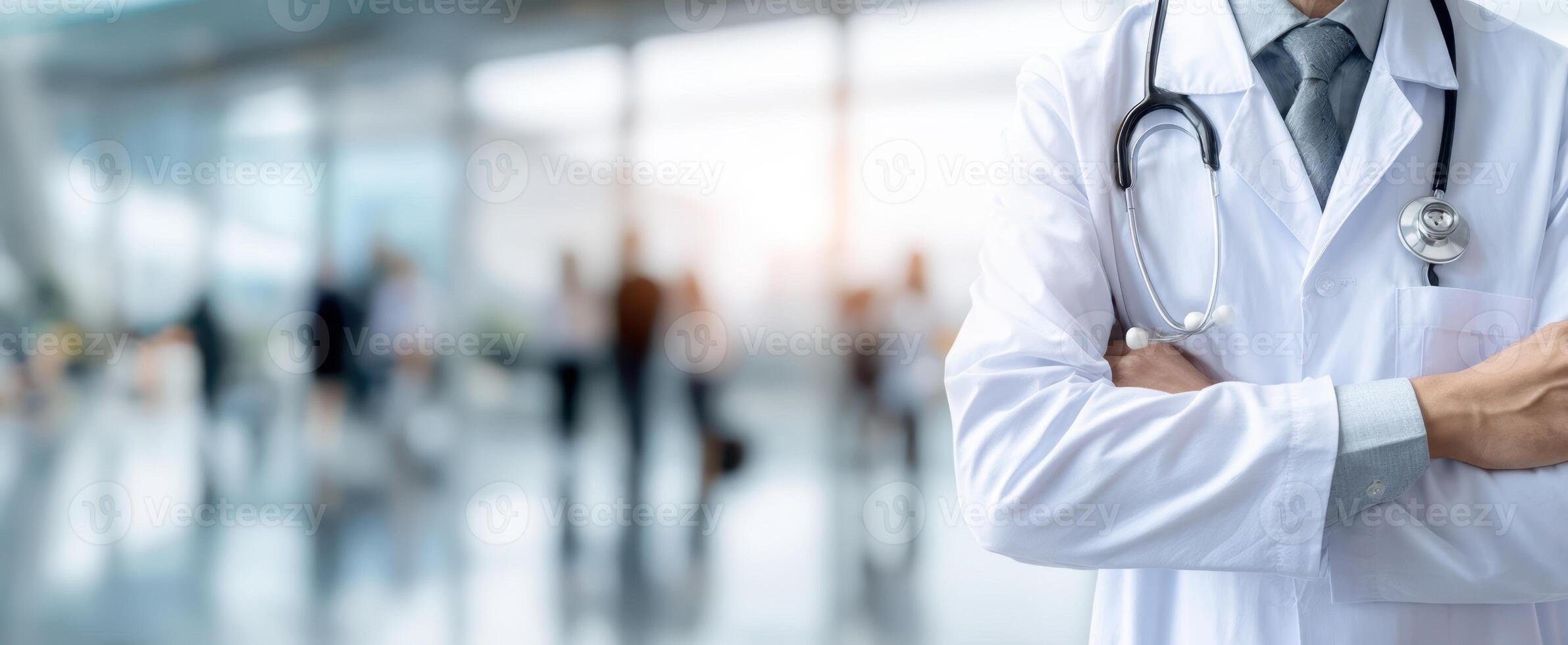 The confident doctor with stethoscope standing in a modern healthcare setting. photo