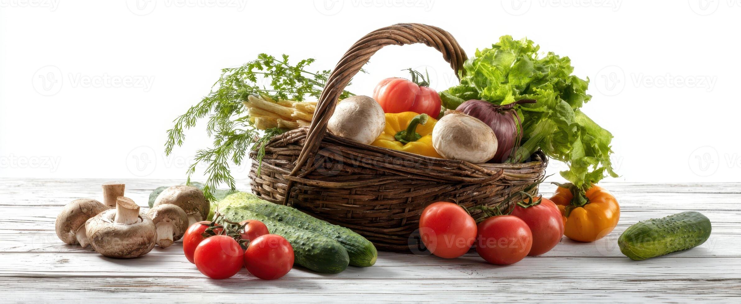 The vibrant basket filled with fresh vegetables and herbs on a wooden table. photo