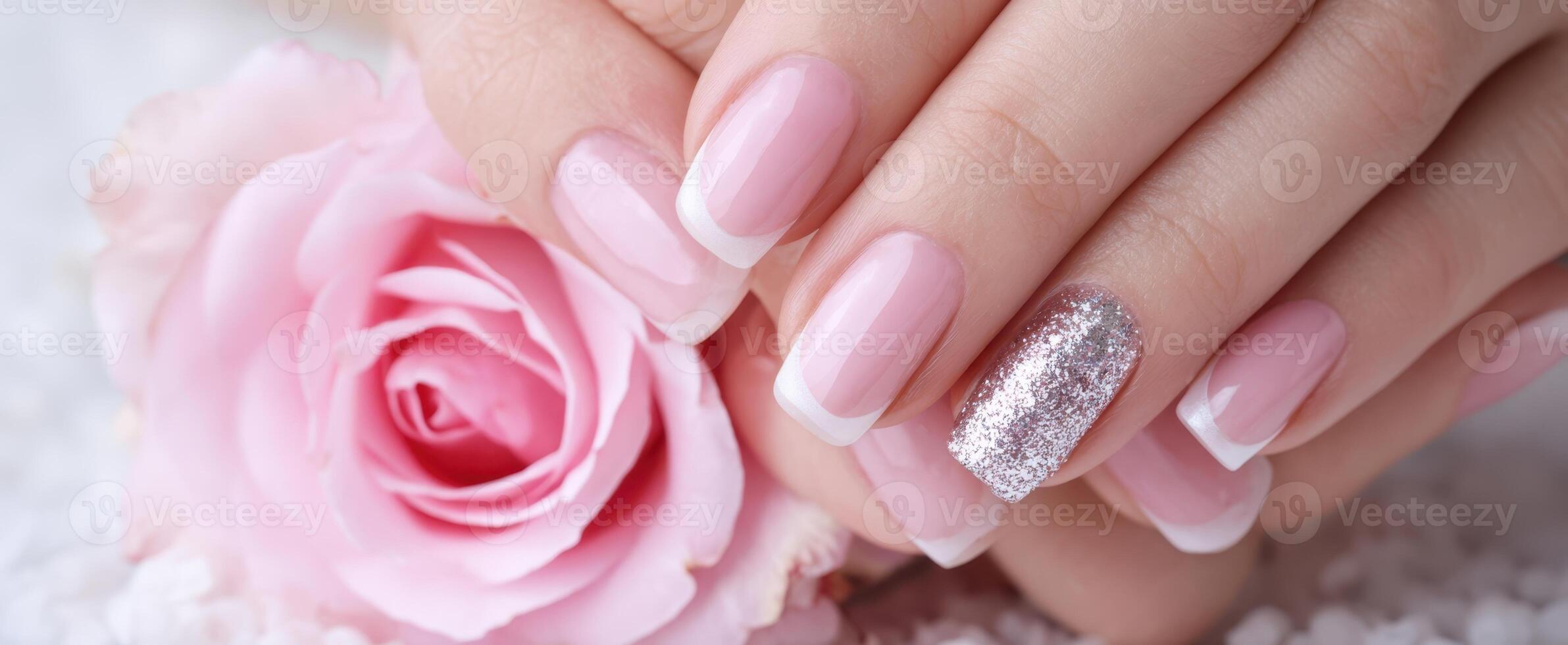 The elegant nails adorned with sparkle and surrounded by fresh pink roses. photo