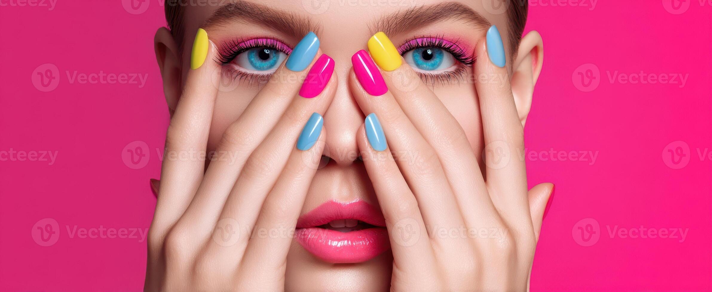 The stunning model showcasing colorful nails and vibrant makeup against a pink backdrop. photo