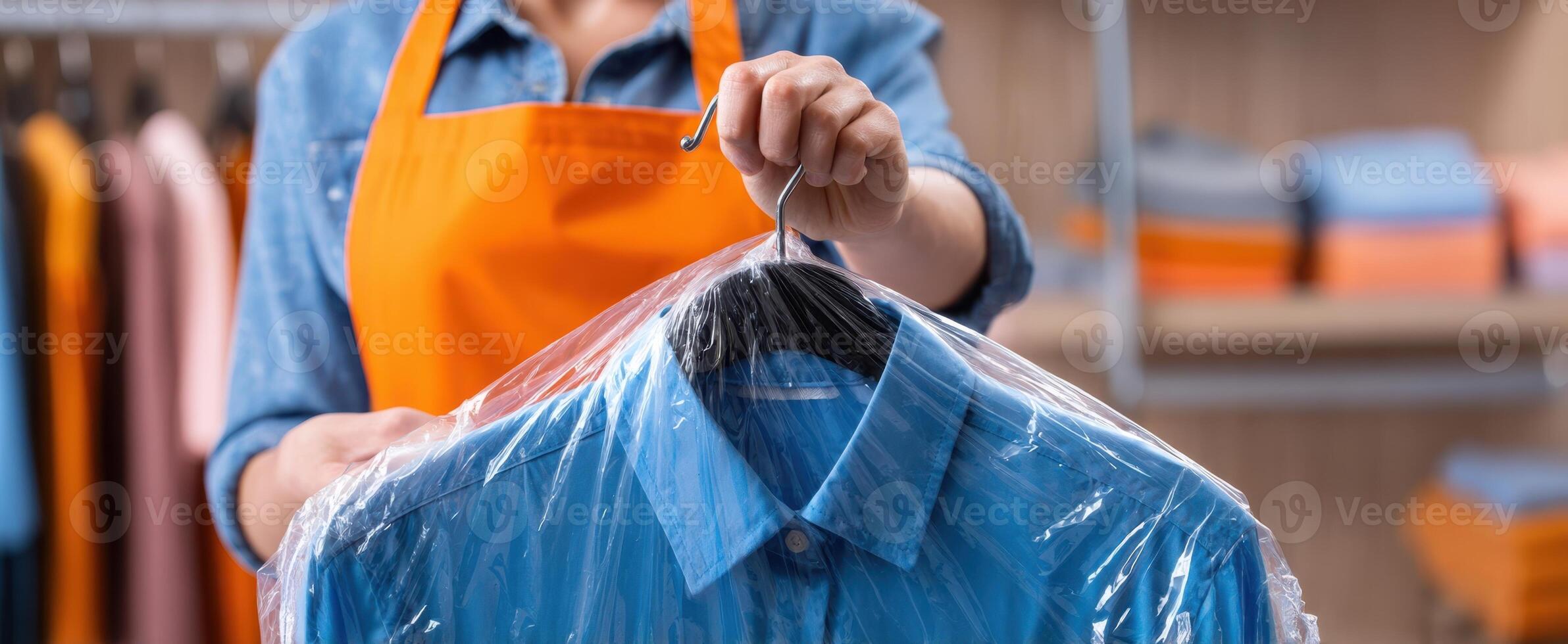 The employee presenting a freshly cleaned shirt in a retail store. photo