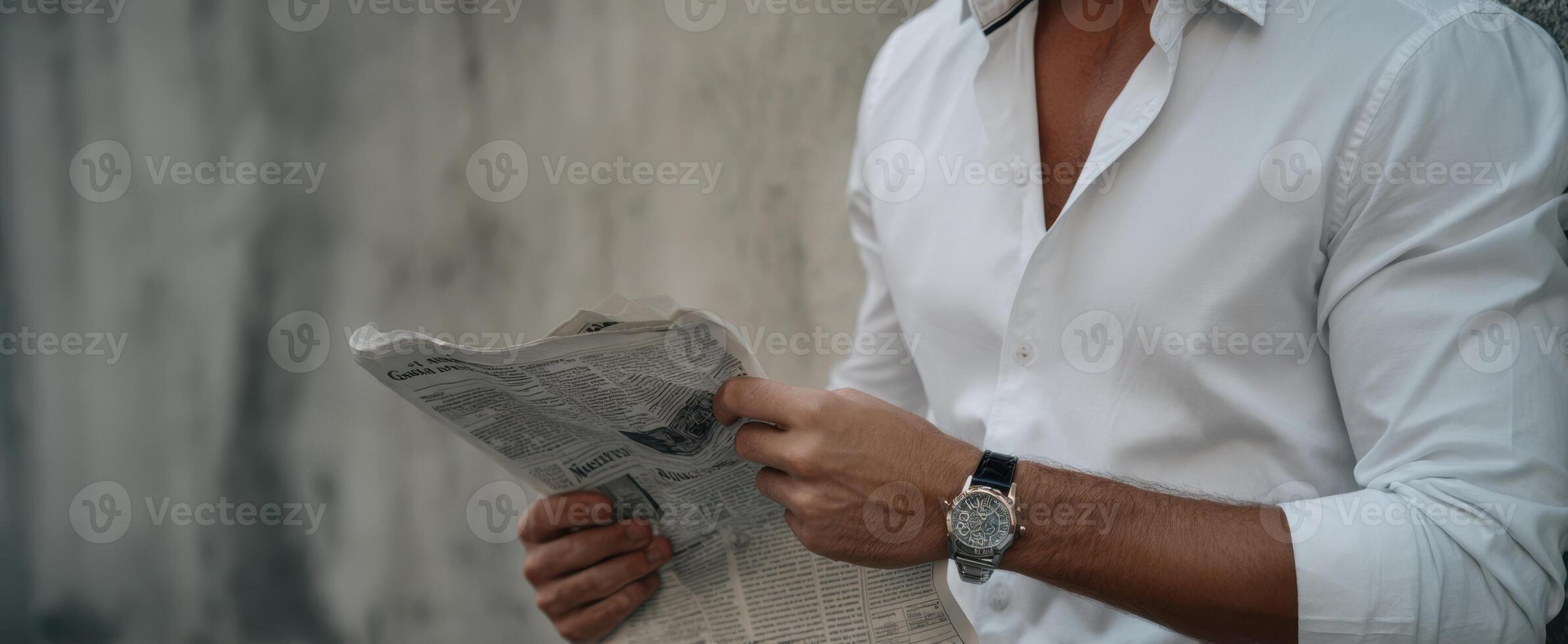 The man reading a newspaper with a stylish watch in a modern setting. photo