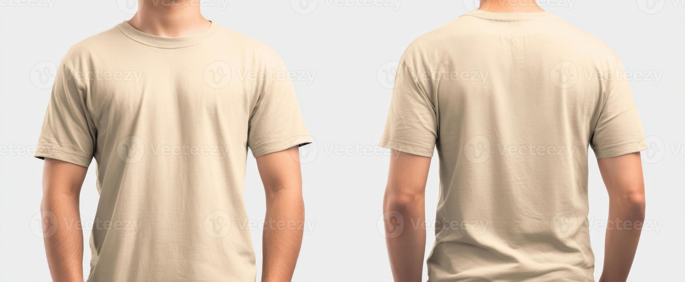 The neutral beige t-shirt displayed from front and back angles for fashion showcase. photo