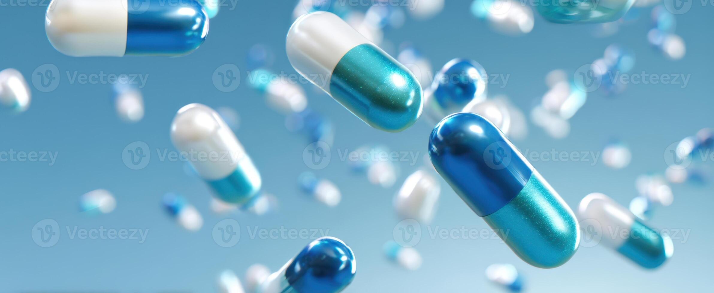 The vibrant capsules floating against a soft blue background in a stylish arrangement. photo