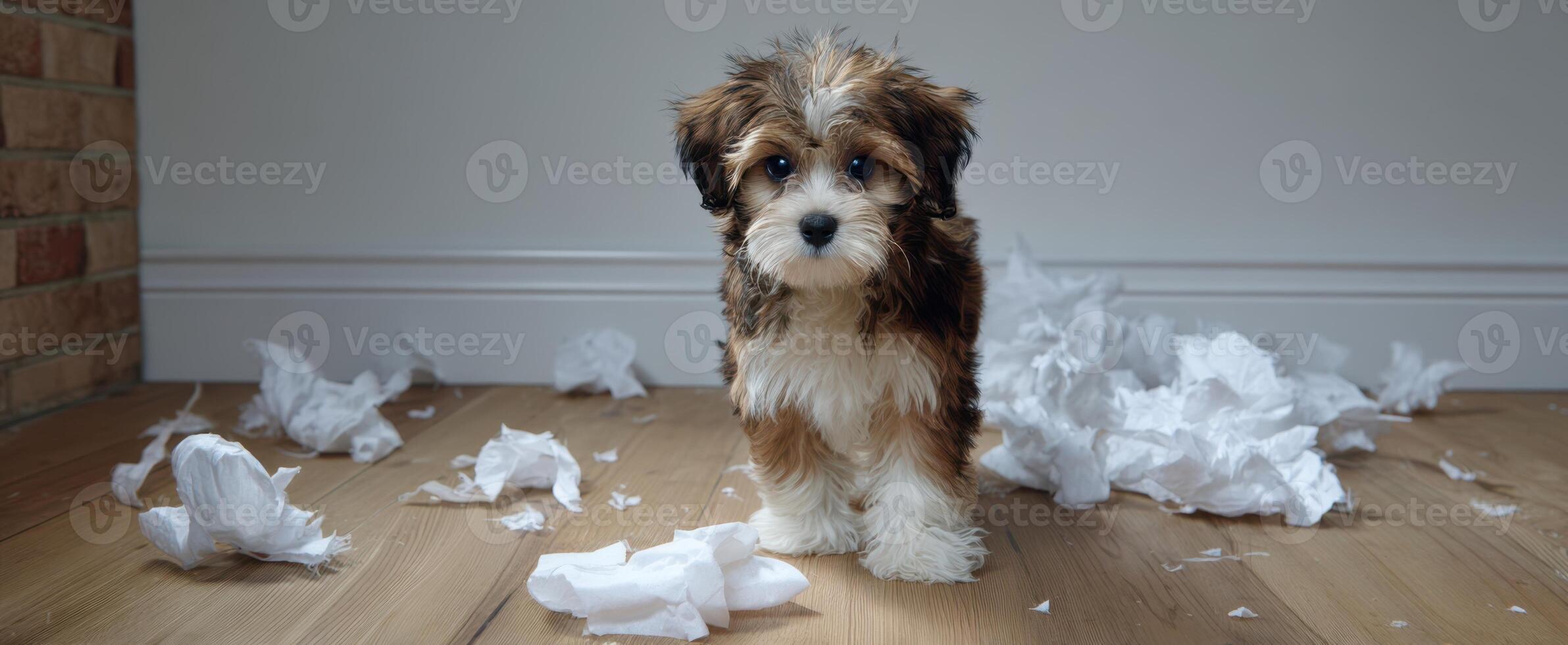 The playful puppy causing mischief with shredded paper in a cozy room. photo