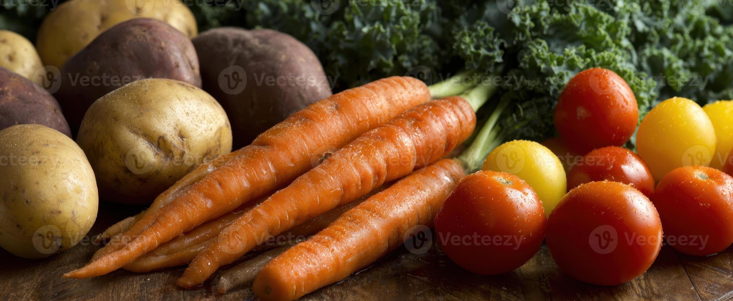 The colorful assortment of fresh vegetables arranged on a rustic wooden table. photo