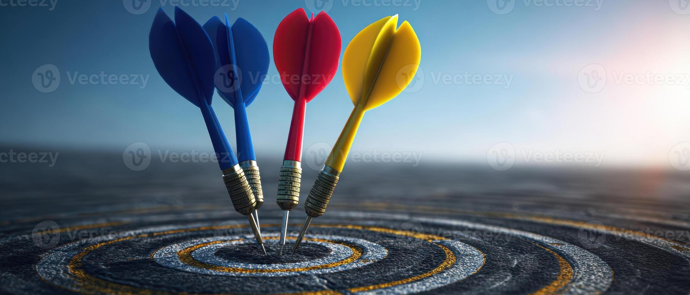 The colorful darts poised perfectly on a target in a competitive setting. photo