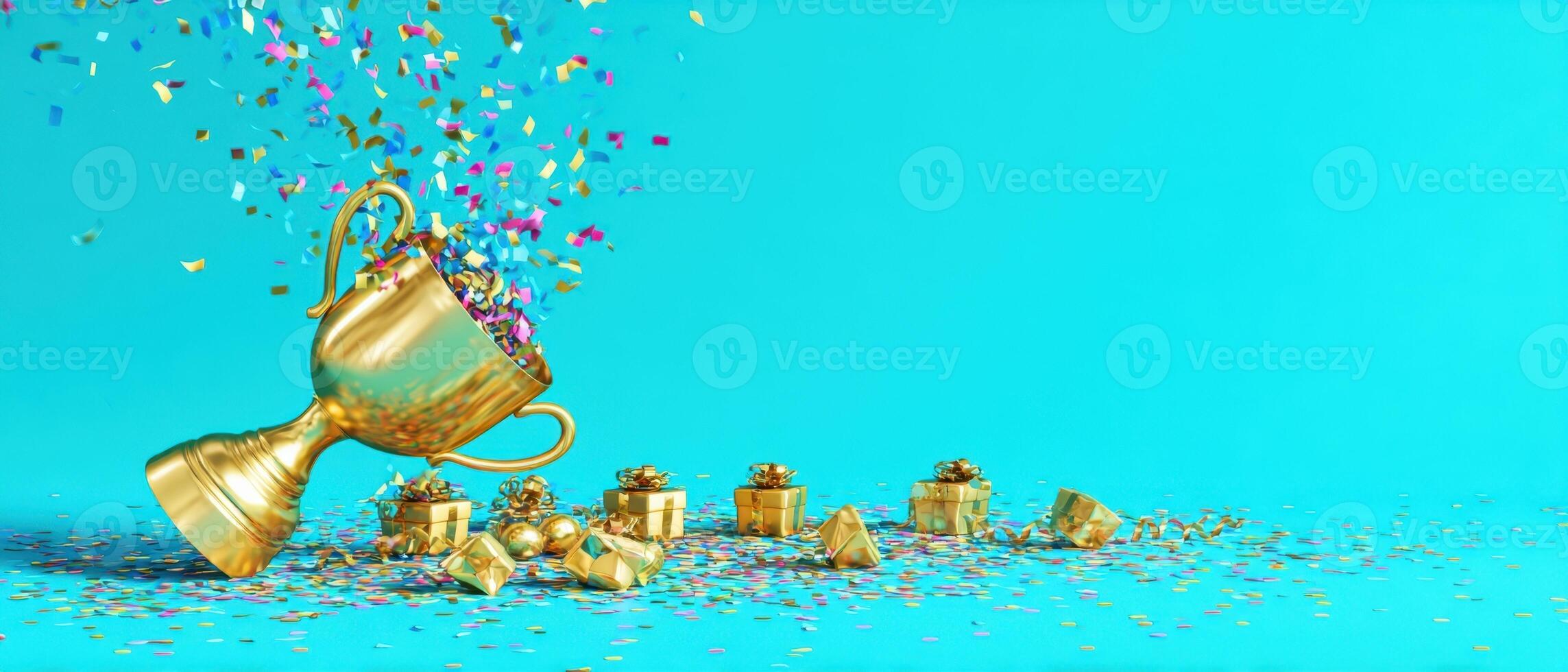 The golden trophy overflowing with confetti and gifts on a vibrant background. photo