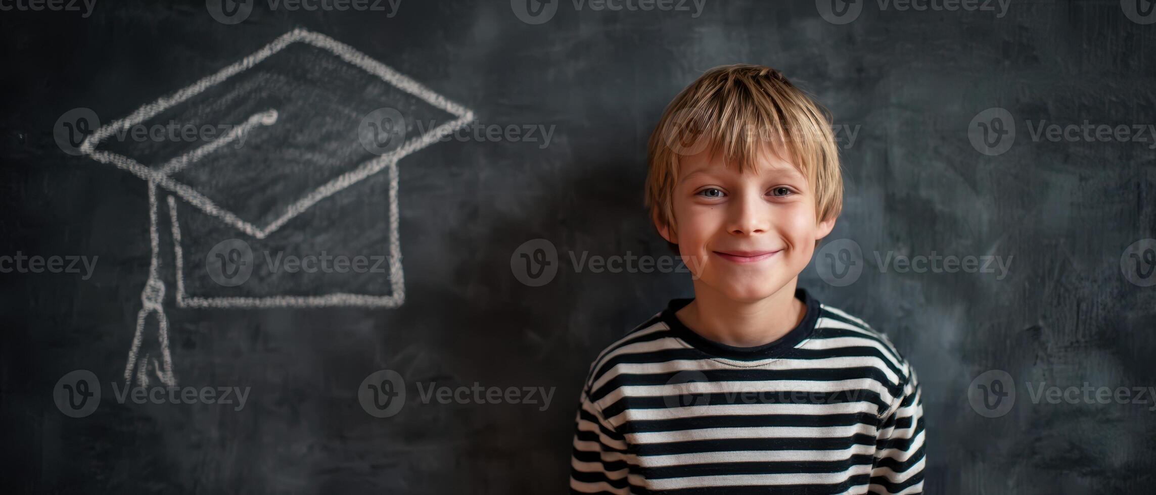 The smiling boy in front of a chalkboard graduation illustration. photo