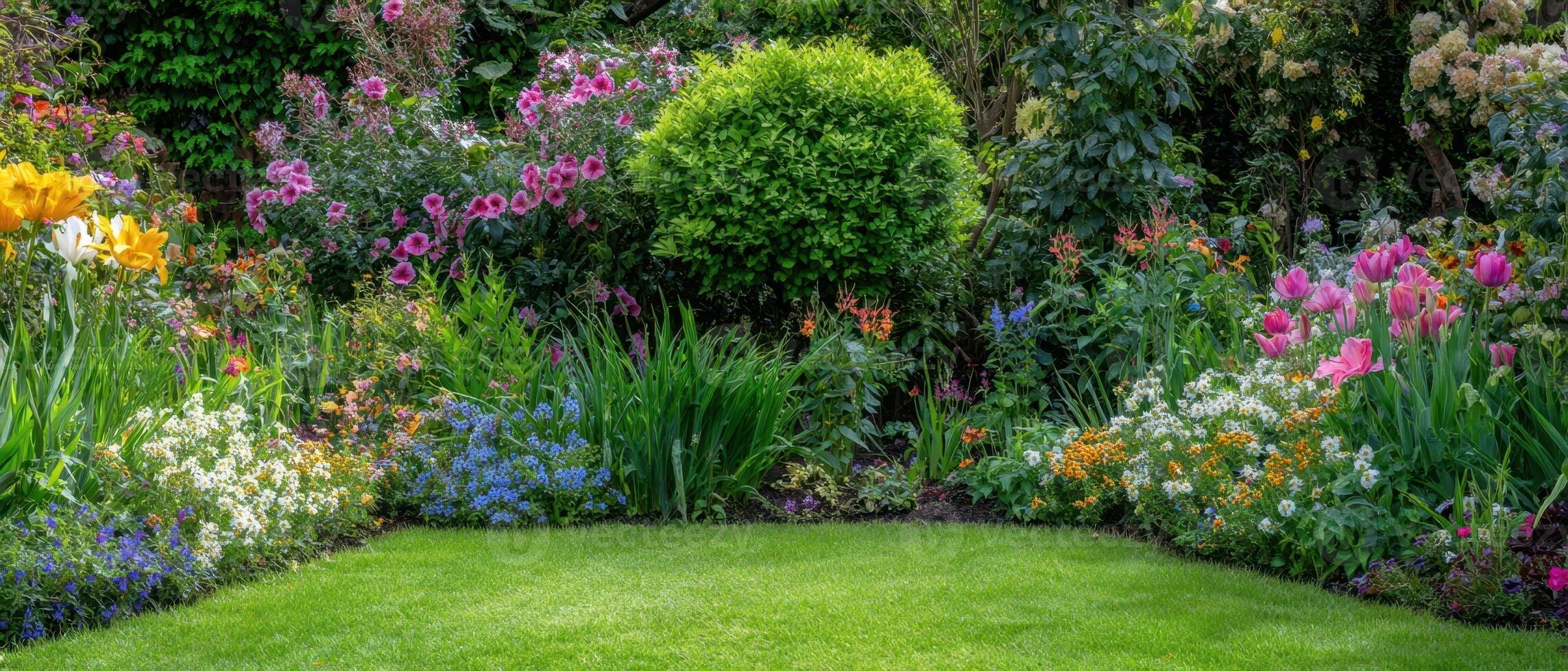 The vibrant garden filled with blooming flowers and lush greenery. photo